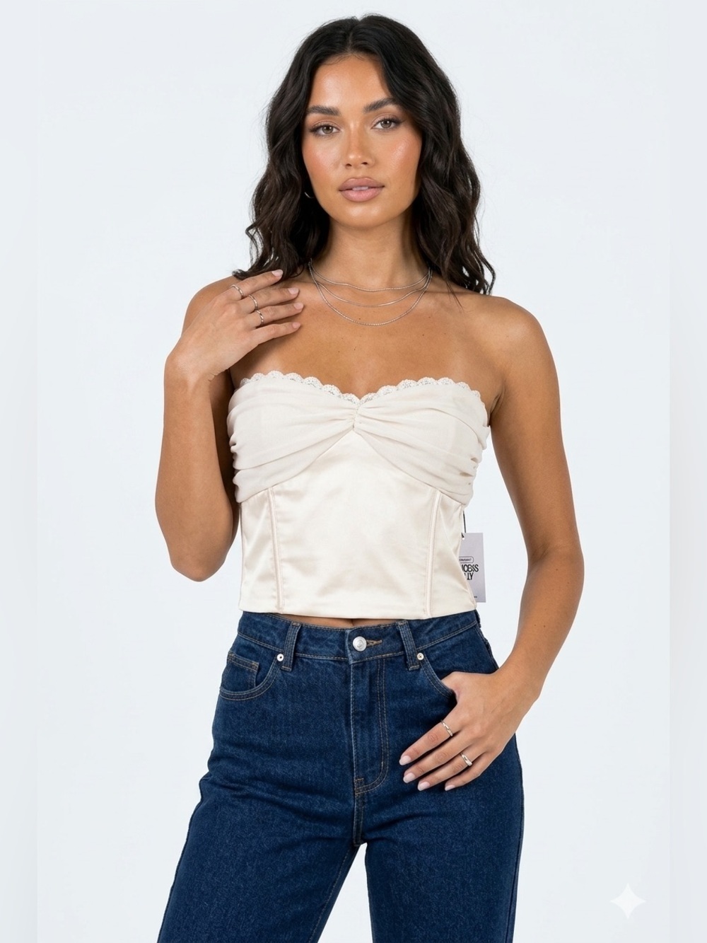 Princess Polly Suga Strapless Top Lace Trim Corset Bustier Satin Cream 8 (0004)